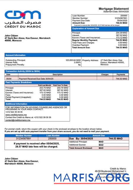 Realistic Morocco Crédit du Maroc mortgage statement Word and PDF template